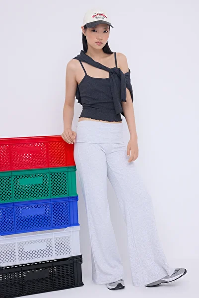 Trendyol Collection Teen Gray Melange Folded Waist Wideleg/Wide Leg Pants Twoaw26Pl00019
