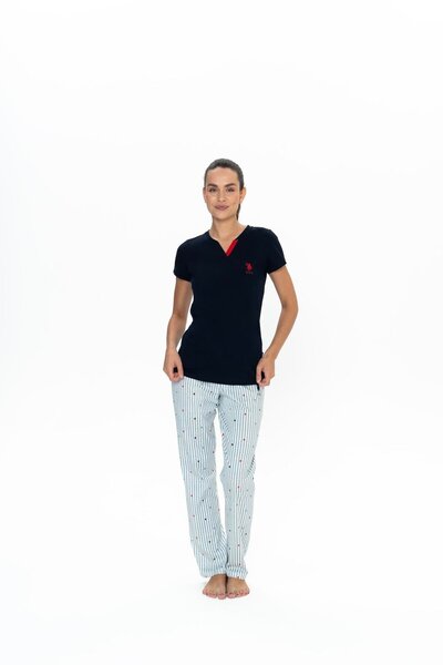 U.S. Polo Assn. Pijama Dama Set Tricou Bleumarin Si Pantaloni Lungi Alb Cu Du...