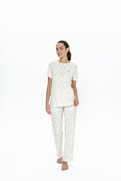U.S. Polo Assn. Pijama Dama Set Tricou Ecru Si Pantaloni Lungi