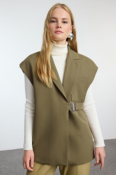 Trendyol Modest Buckle KHaki Woven Fabric Double Breasted Vest - TCTAW25YL00004