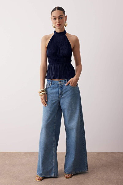 Trendyol Collection Navy Blue Half Lined Halter Neck Textured Party Blouse Tpraw26Bz00005