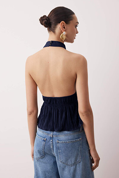 Trendyol Collection Navy Blue Half Lined Halter Neck Textured Party Blouse Tpraw26Bz00005