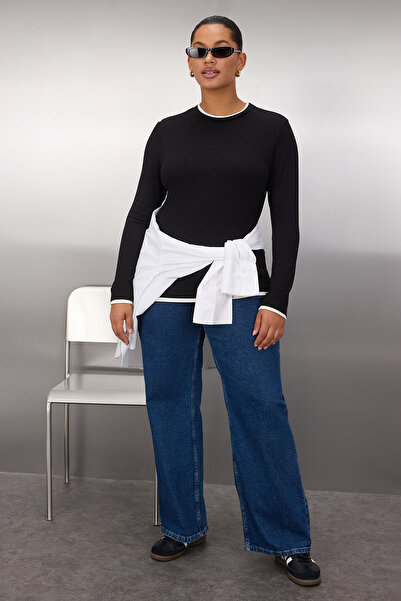 Trendyol Curve Black Collar Detailed Fitted/Bodycon Viscose/Soft Fabric Stretchy Knitted Blouse Tbbaw26Af00040/Black