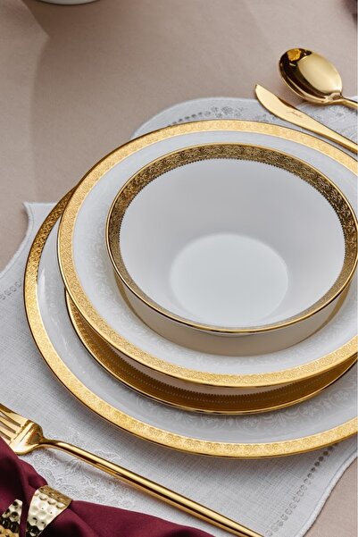 Karaca Royal Bone Victoria 55 Parça 12 Kişilik Porselen Yemek Takımı Gold