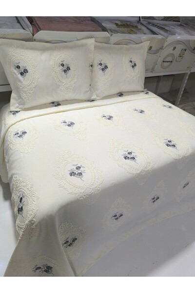 ESTİMA Aslan Tekstil Mystery Flower Embroidered Double Pique Coverlet 3 Piece...