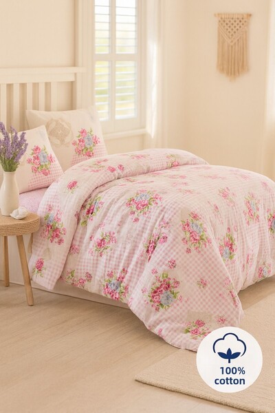 Evimcim 100% Cotton Ranforce Single Duvet Cover Set Gift Boxed Floral Pink