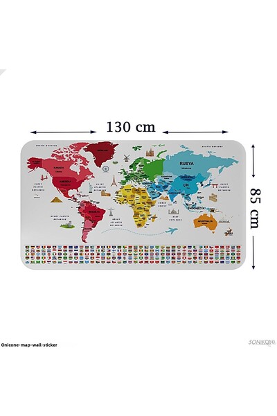 SONİKON LİNE Educational Capital Detailed World Map Wall Sticker with Turkish Country Flags, Decorative, 3861