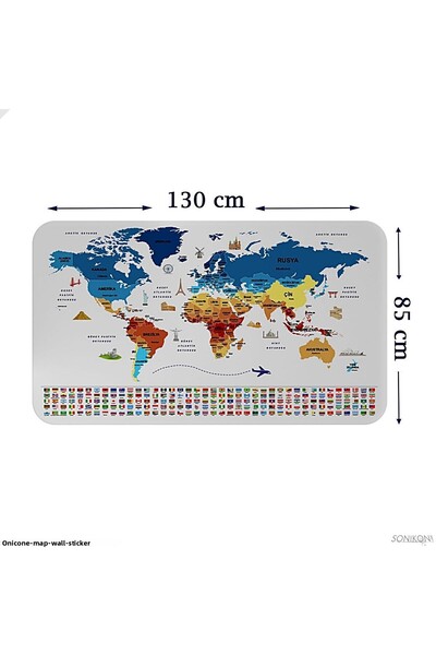 SONİKON LİNE Educational Capital Detailed World Map Wall Sticker with Country Flags, Decorative, 3857