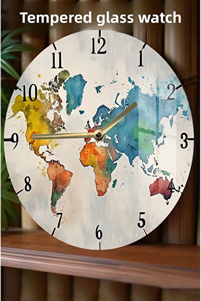 kutuTR Colored World Map 3D View Tempered Glass Watch – 33 cm Csdw370