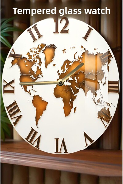 kutuTR World Map Roman Numeral 3D Look Tempered Glass Watch – 33 cm Csdw373