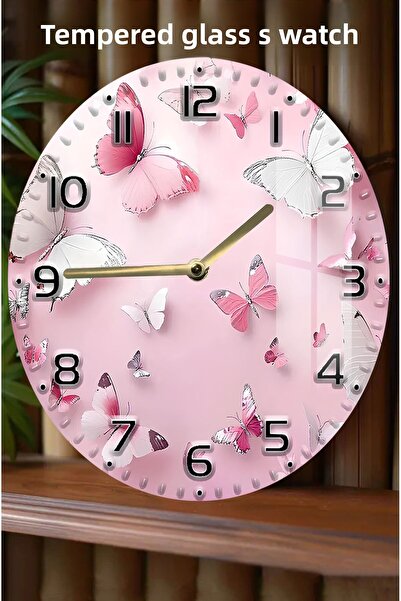 kutuTR Pink Butterfly Patterned 3D Look Tempered Glass Watch – 33 cm Csdw393