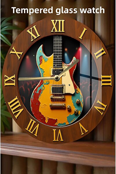 kutuTR ساعة من الزجاج المقسى بمظهر ثلاثي الأبعاد مع تصميم جيتار كهربائي على الطراز القديم - 33 سم CSDW424