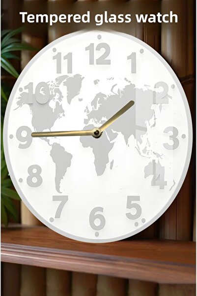 kutuTR ساعة من الزجاج المقوى بتصميم خريطة العالم ثلاثية الأبعاد - 33 سم CSDW436