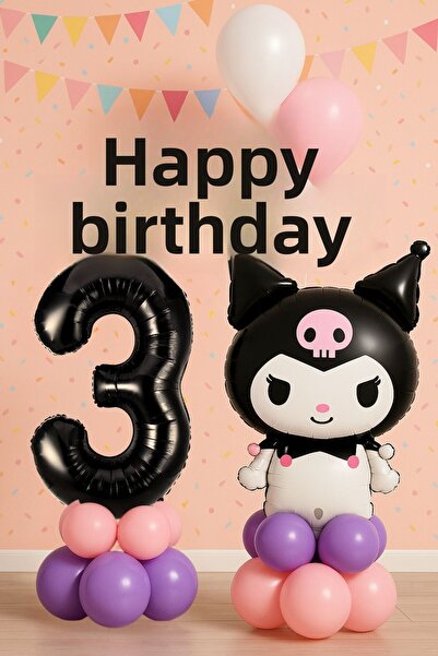 PARTİAVM Kuromi 3Rd Birthday Balloon Set with Figured Black Figure, Pink Purp...