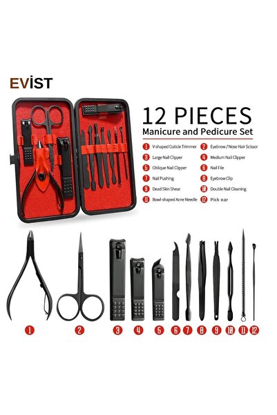 EVİST إيفيست - 12 قطعة ولون أسود) مجموعة مانيكير وباديكير (موديل أسود مع حقيب...
