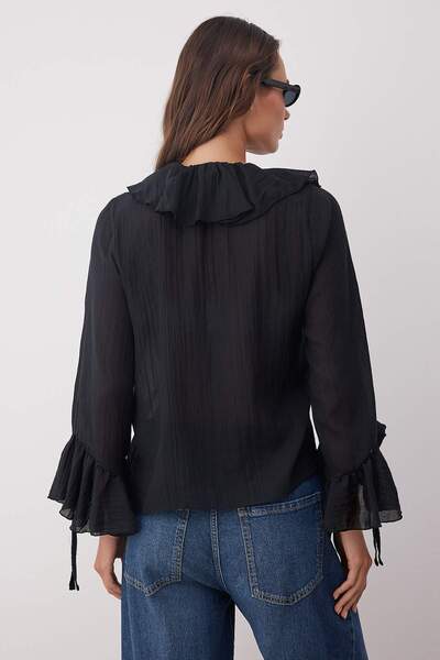 Trendyol Collection Black Ruffled Bohemian Thin Cotton Fabric Long Sleeve Woven Blouse Twoss25Bz00551