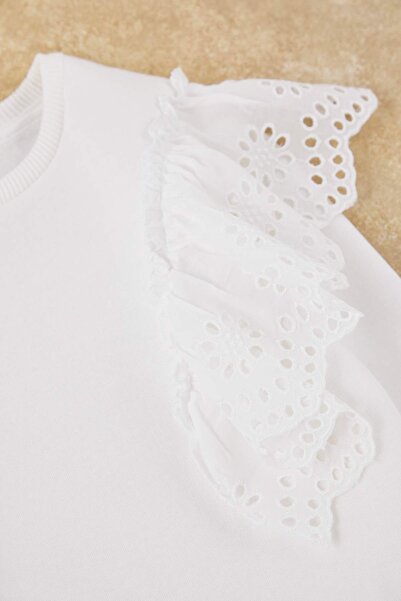 TRENDYOLKIDS Ecru Bavlněná jednoduchá/základní silná/úpletová mikina s fleecem uvnitř pro dívky TKDAW26SW00034