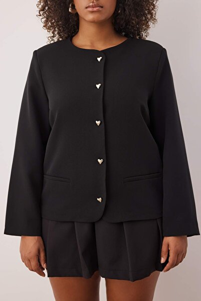 Trendyol Curve Чорний піджак з великим коміром і ґудзиками у формі серця, великий розмір TBBAW26AG00005