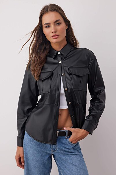 Trendyol Collection Cămașă din piele artificială cu buzunar negru TWOAW26GO00026