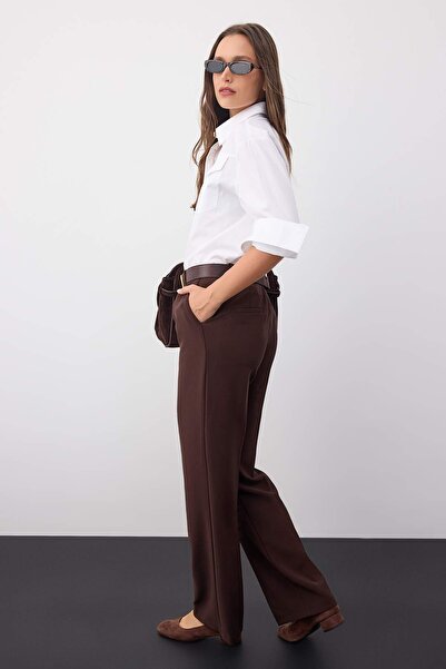 Trendyol Collection Široké kalhoty Wardrobe Essentials Tmavě hnědé s vnitřním nastavením pasu | TWOAW26PL00028