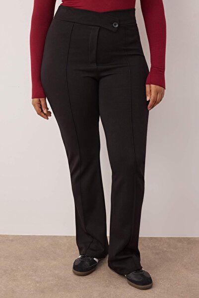 Trendyol Curve Pantaloni negri cu talie asimetrică, cu talie înaltă, tricotați, mărime mare TBBSS24AR00002