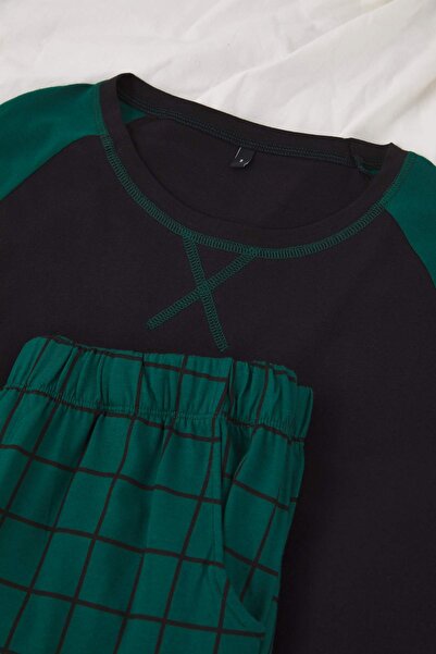Trendyol Collection Σετ πιτζάμες Emerald Green 100% βαμβακερό κανονικό καρό / καρό πλεκτό THMAW21PT0879