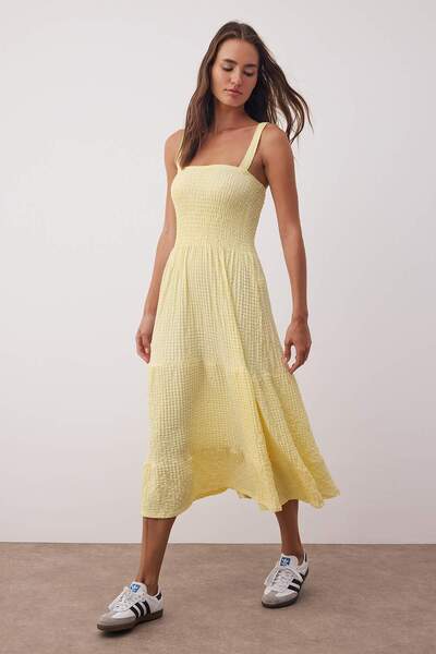 Trendyol Collection Yellow Textured Thick Strap A-Line/A-Line Open Hem Ruffle Midi Stretchy Straight Knitted Dress Twoss25El00912