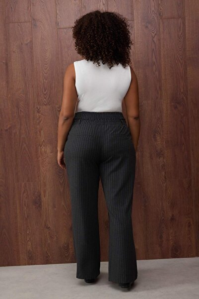 Trendyol Curve Special Collection Anthracite Elastic Wide Leg Striped Plus Size Pants Tbbaw26Ar00014