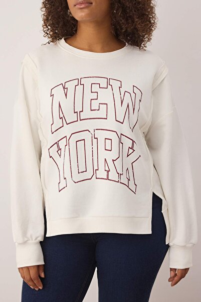 Trendyol Curve Ecru Eyalet potištěná mikina oversize/volného střihu velké velikosti TBBAW26AO00014