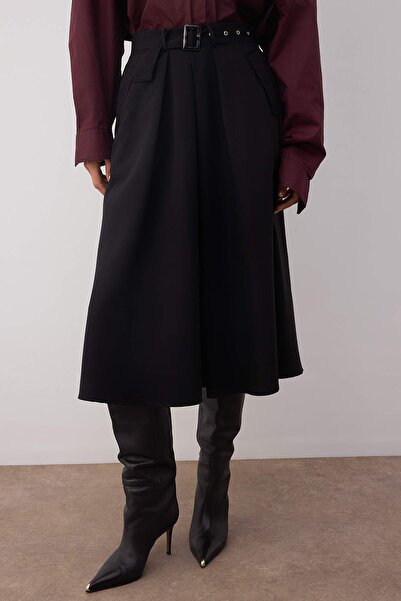 Trendyol Collection Black Belted Woven Flared Midi Skirt Twoaw26Et00034
