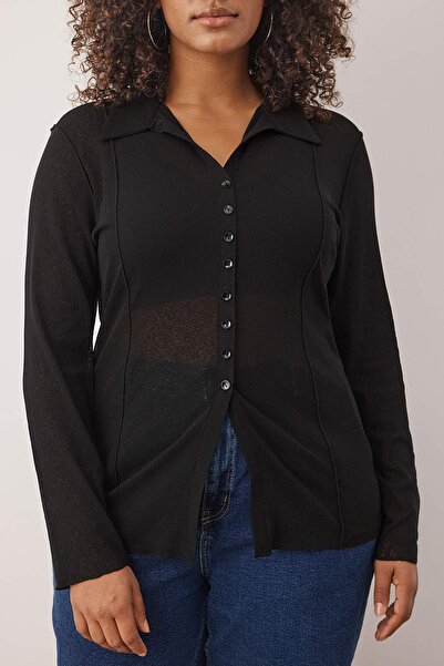 Trendyol Curve Μαύρη πλεκτή μπλούζα με γιακά πόλο με κουμπιά από αφρό TBBAW26AF00044