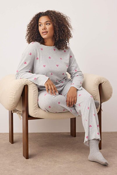 Trendyol Curve Gray Melange Heart Slogan Printed Elastic Knitted Pajamas Set Tbbaw26Ai00020