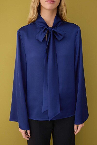 Trendyol Collection Navy Blue Satin Scarf Detailed Woven Blouse Twoaw26Bz00231