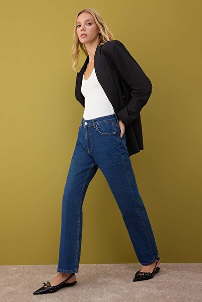 Trendyol Collection Blugi drepti cu talie înaltă albastru închis TWOAW26JE00158