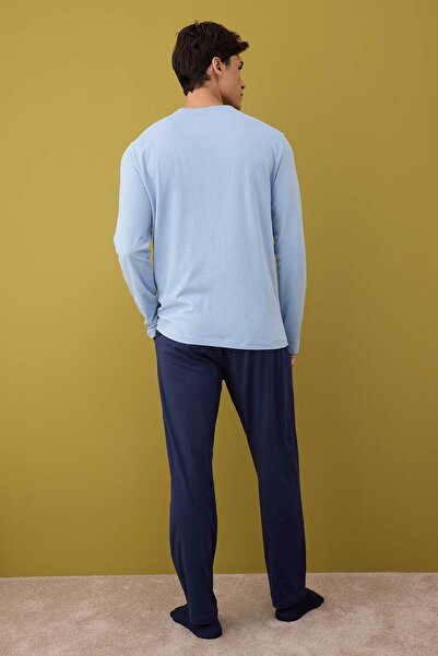 Trendyol Collection Indigo - Navy Blue Regular Fit 100% Cotton Knitted Pajamas Set Tmnaw26Pt00005