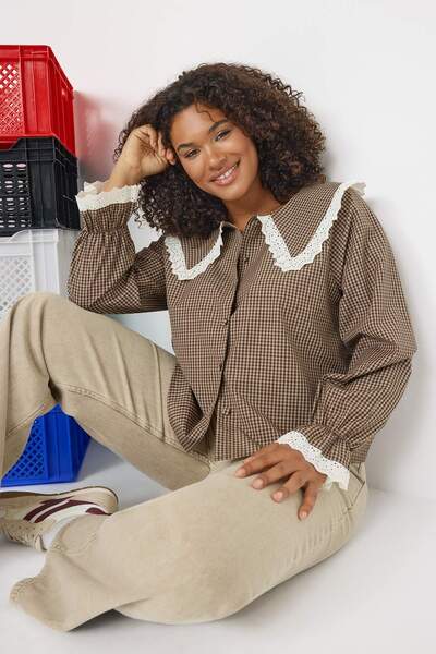 Trendyol Curve Teen Brown Terrycotton Woven Plus Size Blouse