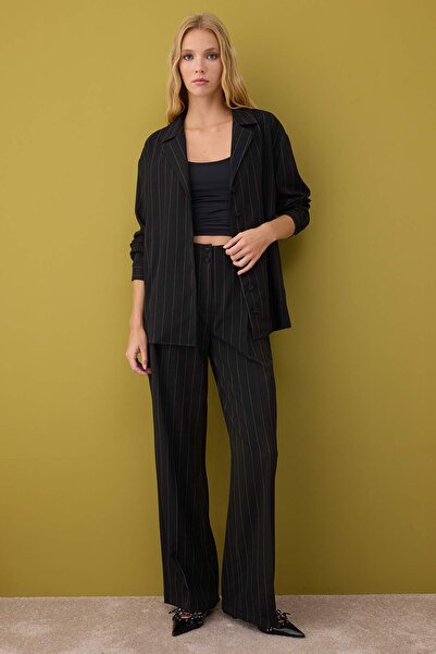 Trendyol Collection Black Jacket Collar Striped Fabric Jacket Twoaw26Ce00057