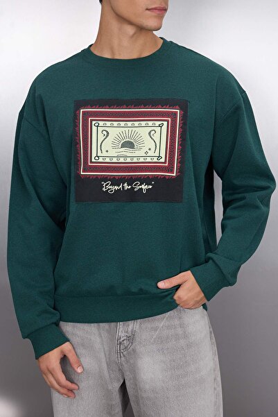 Trendyol Collection Зелен етнически суитшърт с апликации Oversize - кръгло деколте, дълъг ръкав - Tmnaw24sw00170