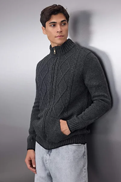 Trendyol Collection Anthracite Regular Fit Wool Knitted Detailed Zippered Pocket Knitwear Cardigan Tmnaw21Hi0349