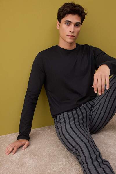 Trendyol Collection Black - Anthracite Regular Fit Striped Textured Knitted Pajama Set Tmnaw26Pt00006