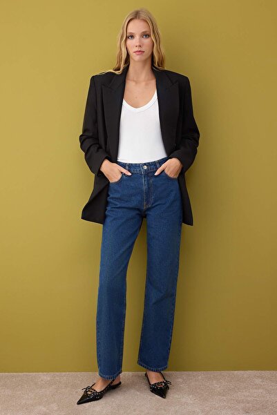 Trendyol Collection Blugi drepti cu talie înaltă albastru închis TWOAW26JE00158