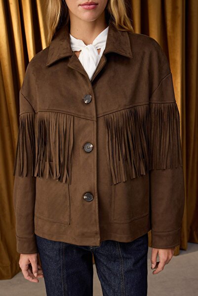 Trendyol Collection Special Collection Brown Oversize Mold Tassel Detailed Suede Slim Jacket Coat Twoaw26Mo00043