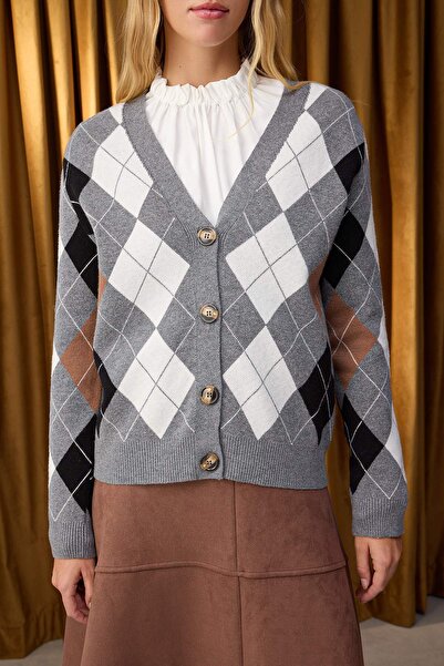 Trendyol Collection Speciální kolekce Antracitová prémiová příze/Speciální příze s kosočtvercovým vzorem Pletený kardigan TWOAW26HI00158