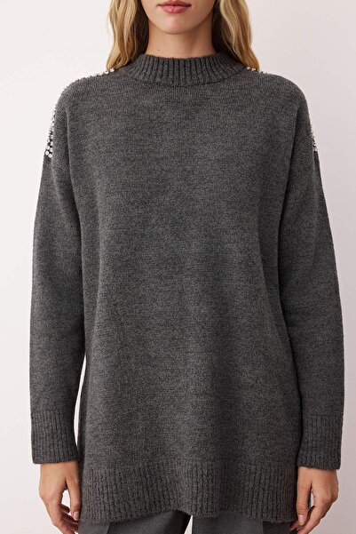Trendyol Modest Anthracite Stone Detailed Knitwear Sweater Tctaw26Ak00007
