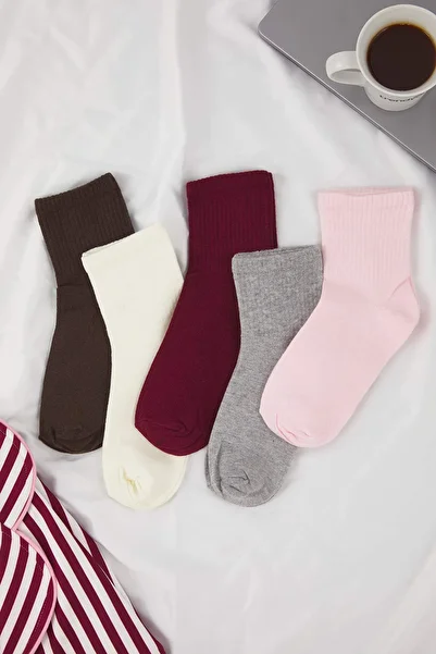 Trendyol Collection Gray-Multicolor 5-Piece Plain Jacquard Knitted Socks Twoss21Co0015