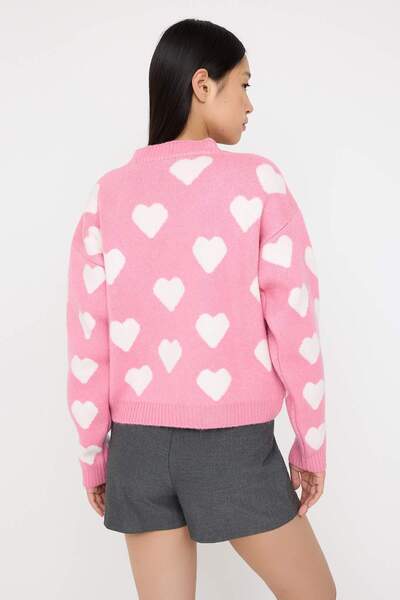 Trendyol Collection Teen Pink Soft Textured Heart Pattern Pearl Detail Knitwear Cardigan Twoaw26Hi00130