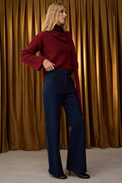 Trendyol Collection Спеціальна колекція Синій колір Деталізовані високі талії Широкі штани Зручні Еластичні Комфортні джинси TWOAW26JE00017