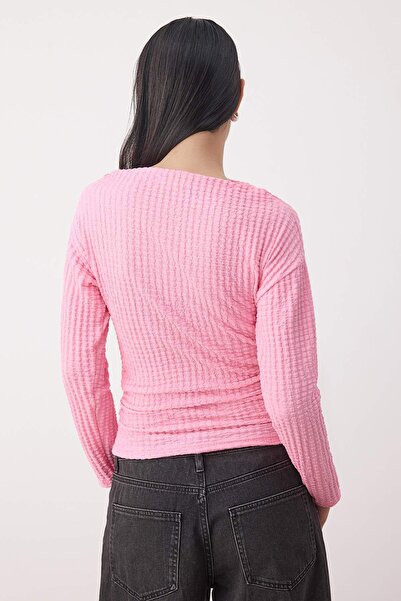 Trendyol Collection Pink Textured Boat Neck Shirred Flexible Knitted Blouse Twoaw26Bz00192