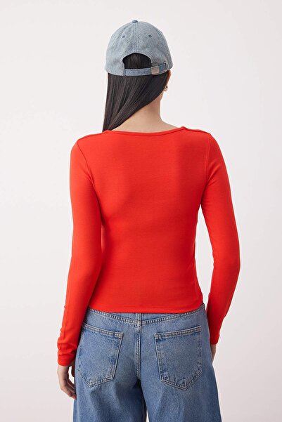 Trendyol Collection Red Square Collar Slim/Fitted Knitted Blouse Twoaw26Bz00083