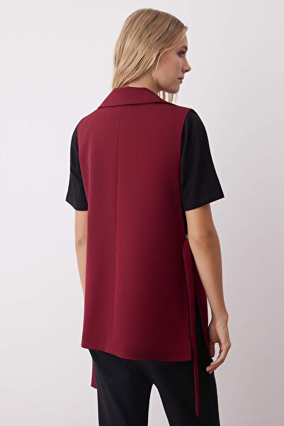 Trendyol Collection Burgundy Oversize Accessory Side Tie Detail Single Button Lined Woven Vest Twoaw23Ye00032